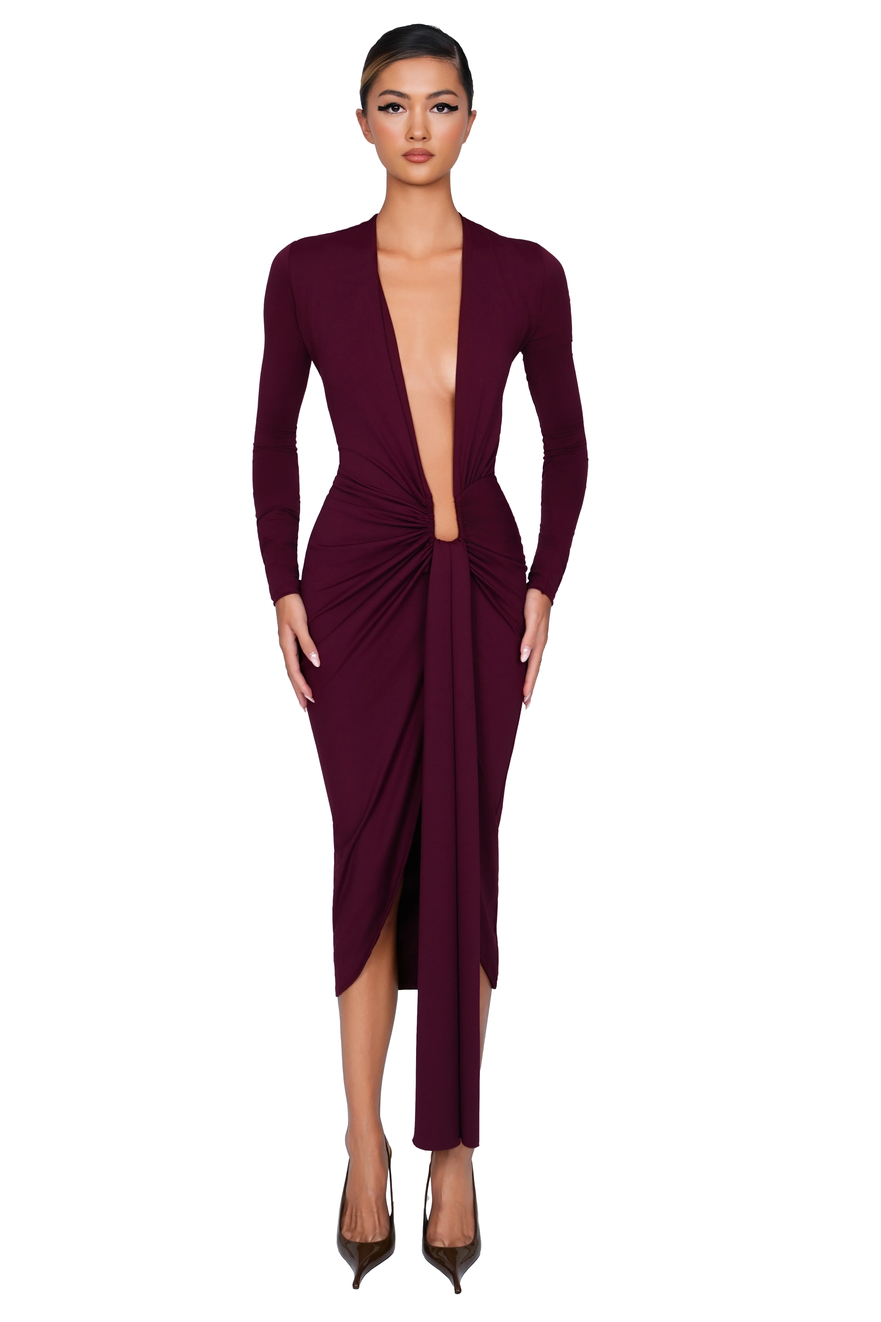 Noxra Deep Plunge Dress - Deep Berry