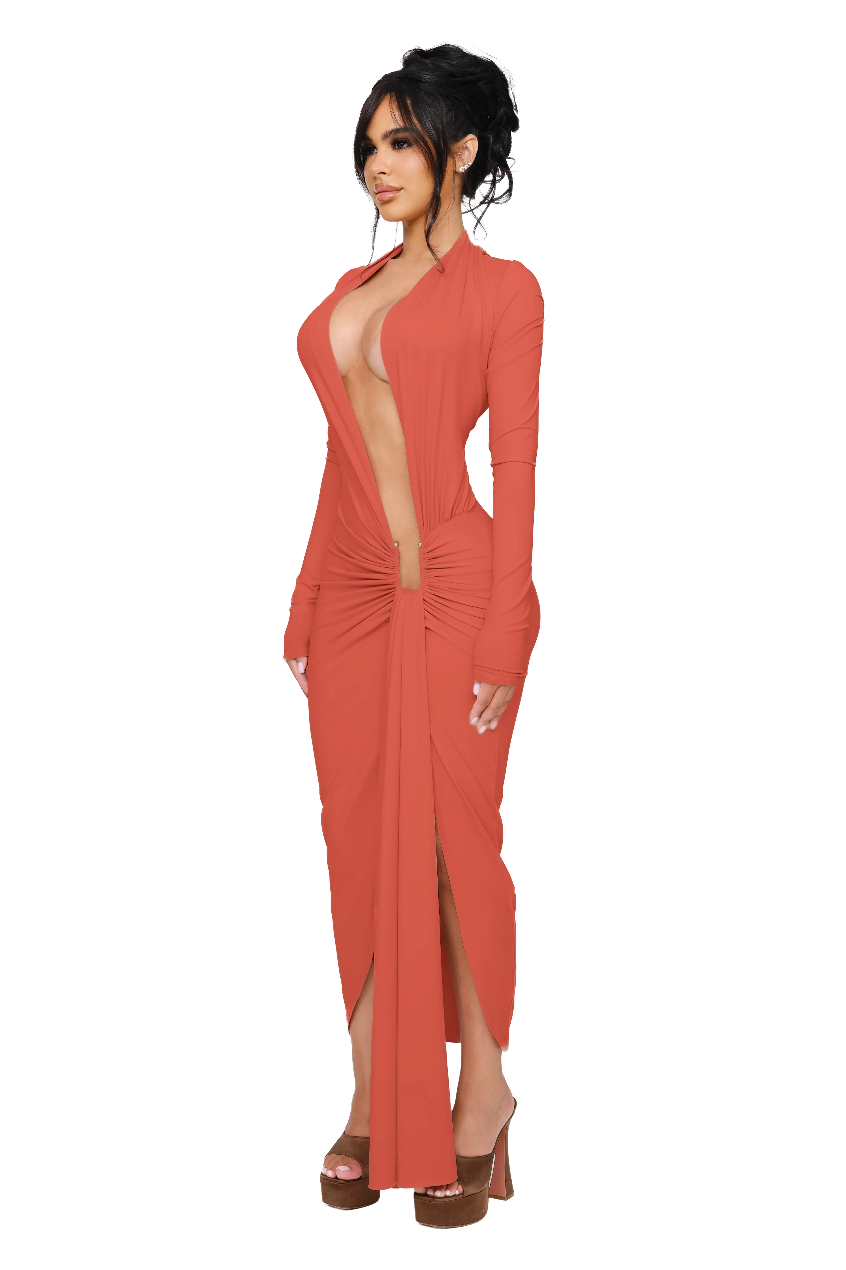 Noxra Deep Plunge Dress - Terracotta Glow - Image 2