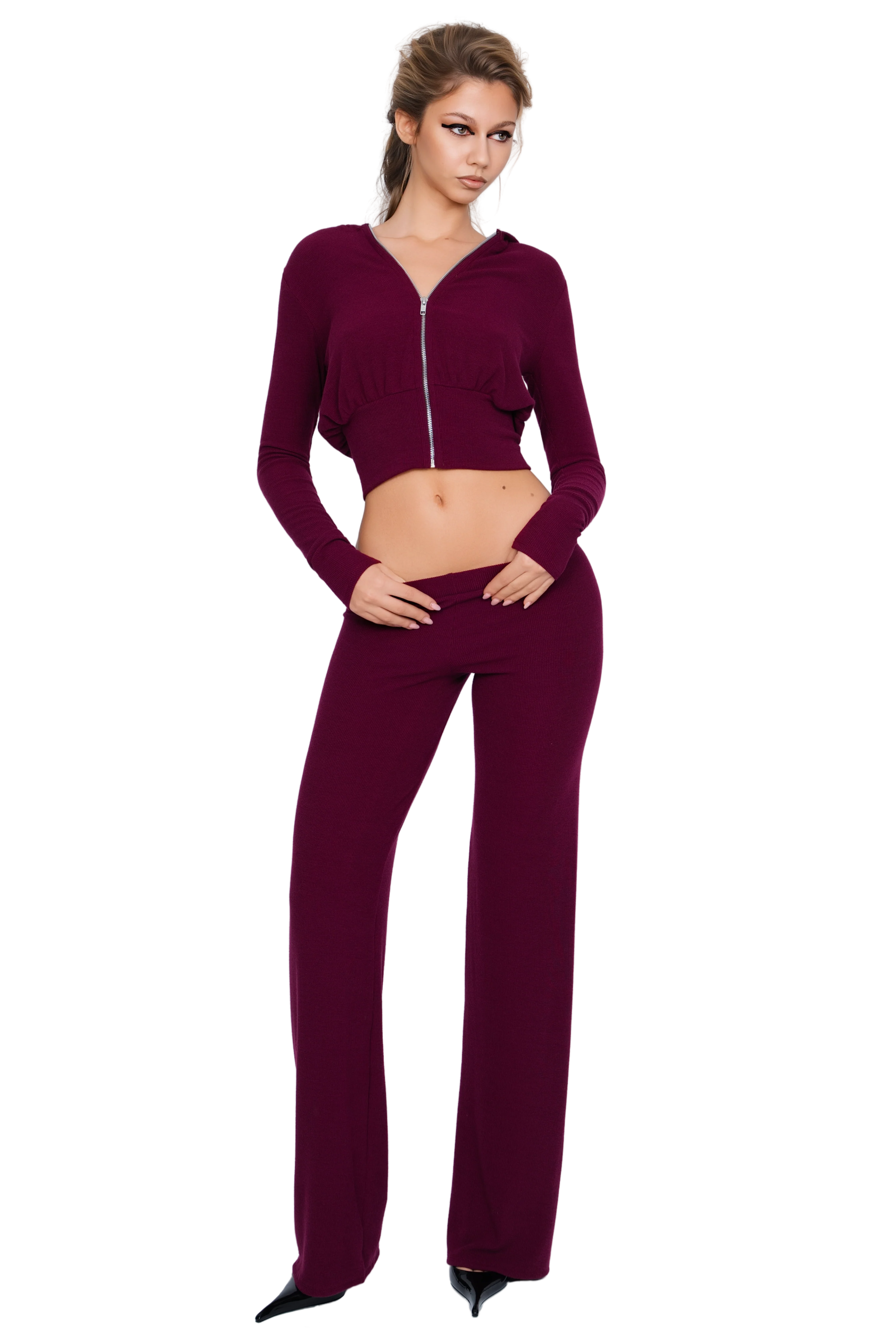 Pordena Ribbed Zip Hoodie - Merlot Rib - Image 4